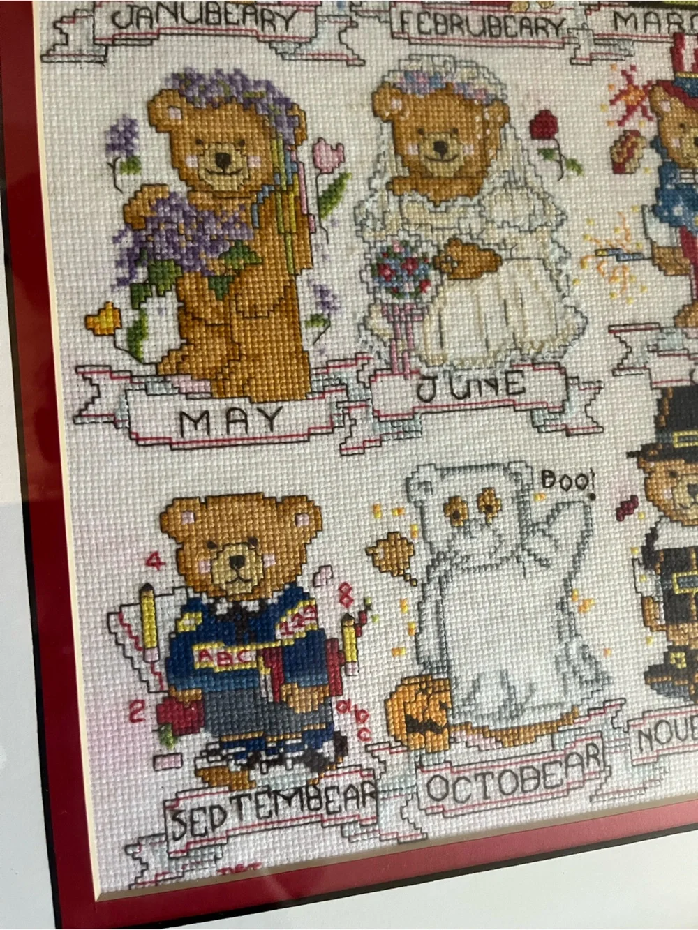 Framed Completed Calendar Bears Cross stitch Art needlework folk 80s 90s 🐻 🇺🇸 🗓️